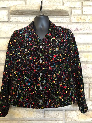 CHRISTOPHER & BANKS LG Black Colorful Print Circles CORDUROY JACKET button