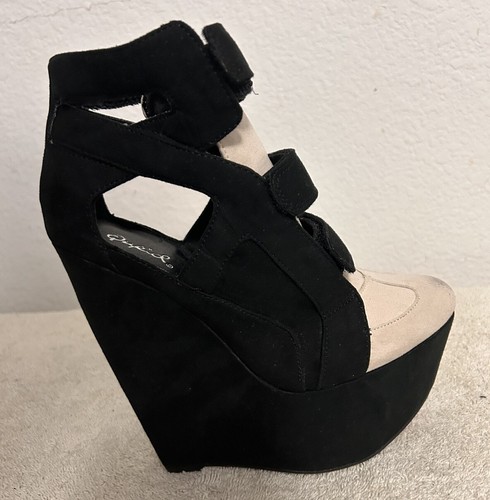 Qupid 6" Wedge Heels Shoes Size 6 Black and Biege Suede Platform Strap - Picture 9 of 22