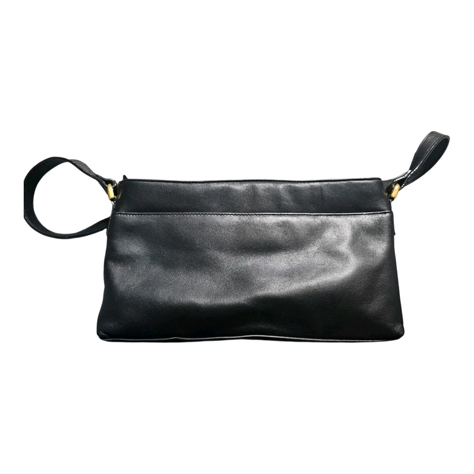 Винтажная черная гладкая кожаная наплечная сумка 1990-х Preston & York. Золотые акценты - Изображение 2 из 4