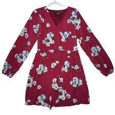 Lulus Womens Floral Long Sleeve Wrap Red Dress M