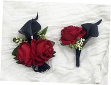 Red Rose Wrist Corsage Wristlet Band Bracelet and Men Boutonniere Set with