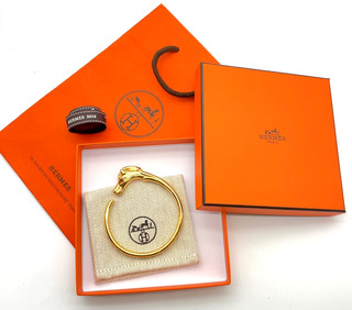 Auth HERMES Cheval Horse Head Bangle Bracelet Gold GP Vintage Wbag Box DD070026