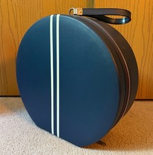 Vintage MCM Hat Box Round Blue White Keene PKG Associates Carry Case Bag 13"