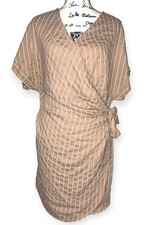 ASOS Wrap Around Midi Dress Womens Plus 16 Beige Striped Short Sleeve Date Night