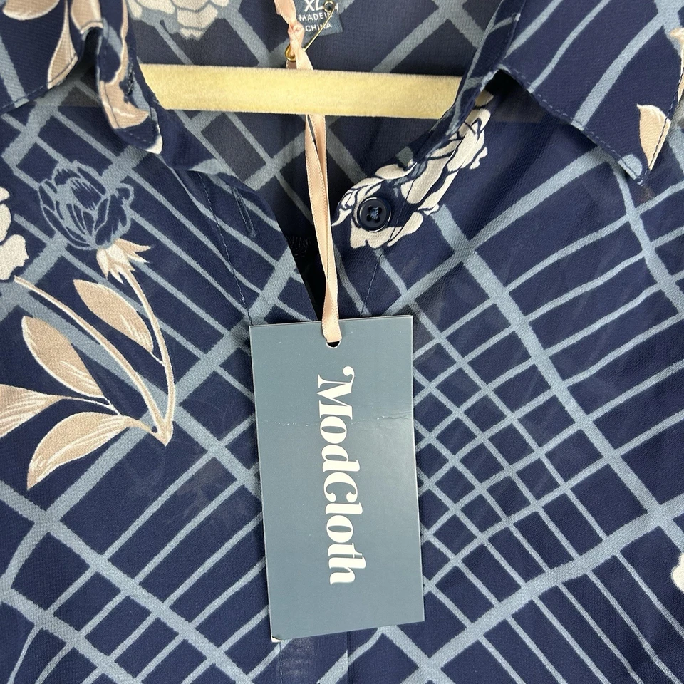 全新带标签 Mod Cloth 透明衬衫连衣裙 XL 海军蓝花卉长袖职业 — 第 4/4 张图片