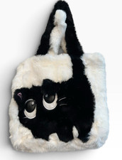 Little Girls Small Plush Black White Cat Shoulder Bag Cute Purse Lined Snaps New