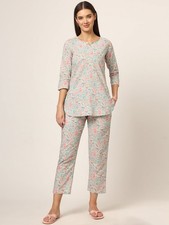 Blue Multi Floral Print Cotton Regular Fit Night Suit for Women Pajama Set