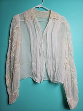 Vintage Sheer Victorian Edwardian Blouse Top Lace Puffy Sleeves