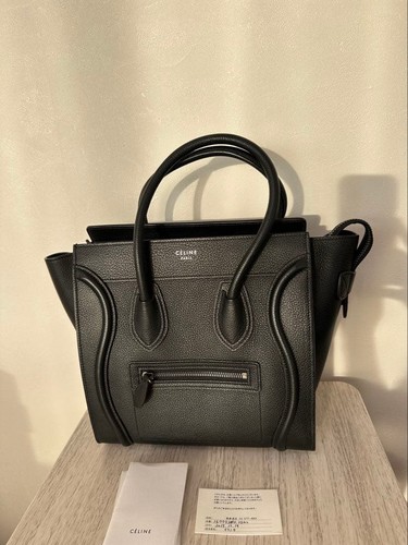 CELINE Black Leather Handbag Stylish Designer Tag & Book Included