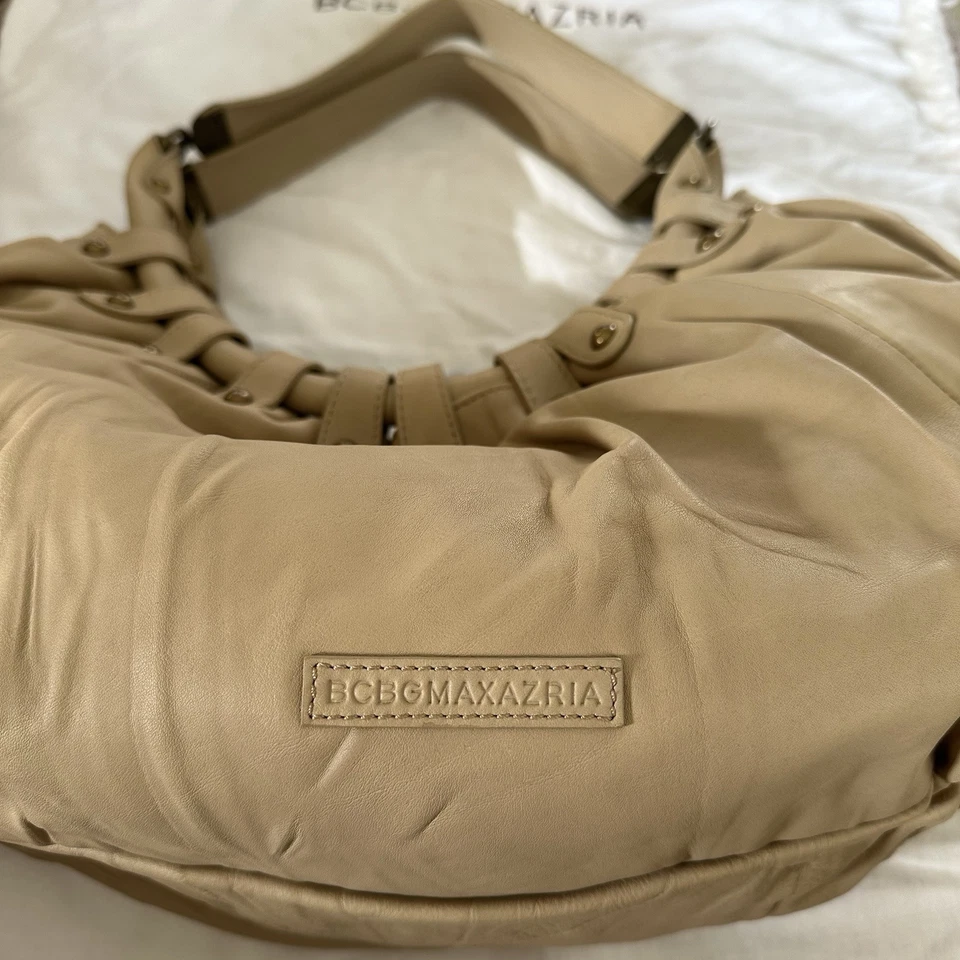 NWT BCBG Maxazria Large Tan Leather Hobo Baguette Bag Purse Handbag 16" - Image 2 of 4