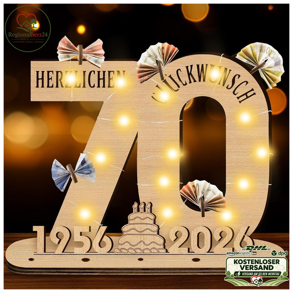 Deko 70. Geburtstag Frau Mann Holz-Schild Mit LED Personalisierbar Geschenk-image