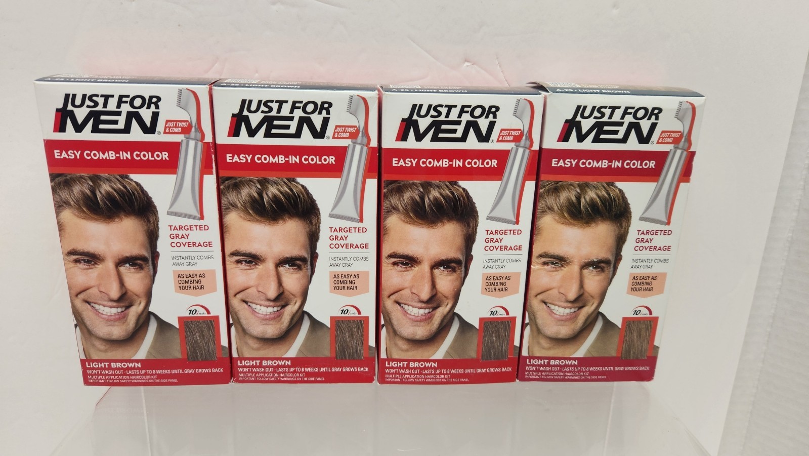 4-Pack Just For Men Easy Comb-in Hair Color for Men, Light Brown, A-25