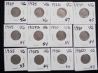 12 Circulated VG Buffalo Nickels 1924 to 1936D