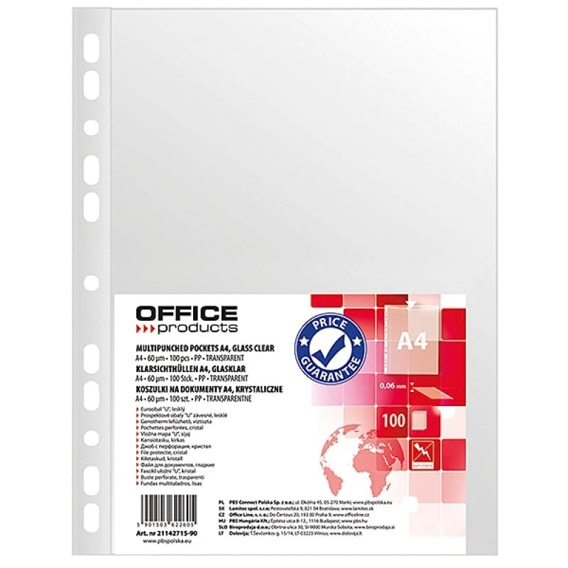 Office Products Lot de 100 pochettes perforées transparentes A4 en plastique - Photo 1/1