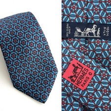 HERMES 100 Silk Neck Tie 7419 HA Made in France Blue Wheel Spokes Geometric