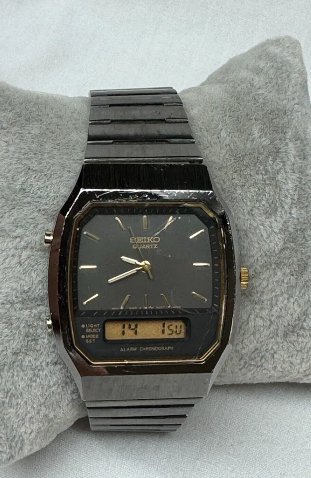 Reloj de cuarzo vintage para hombre Seiko H601-5479 Ana+Digi tono negro batería nueva Foto 2 de 4