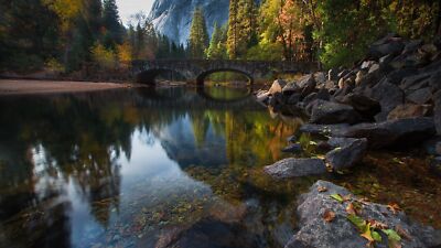 Landscape forest nature bridge rocks reflection trees Custom Gaming Mat Desk