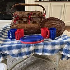 Antique English Wicker picnic basket set. Service for 4 With Tablecloth & Tray