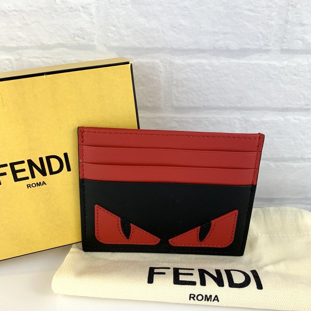 HTF Fendi Monster Bag Bugs Red Eye Leather Card Holder Wallet W Box