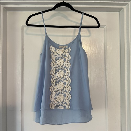 Moa Moa Tank Top Womens M Medium Sky Blue White Detail Spaghetti Strap Flowy