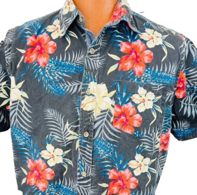 Lee Hawaiian Aloha L Shirt Hibiscus Flowers Palm Leaves Tropical