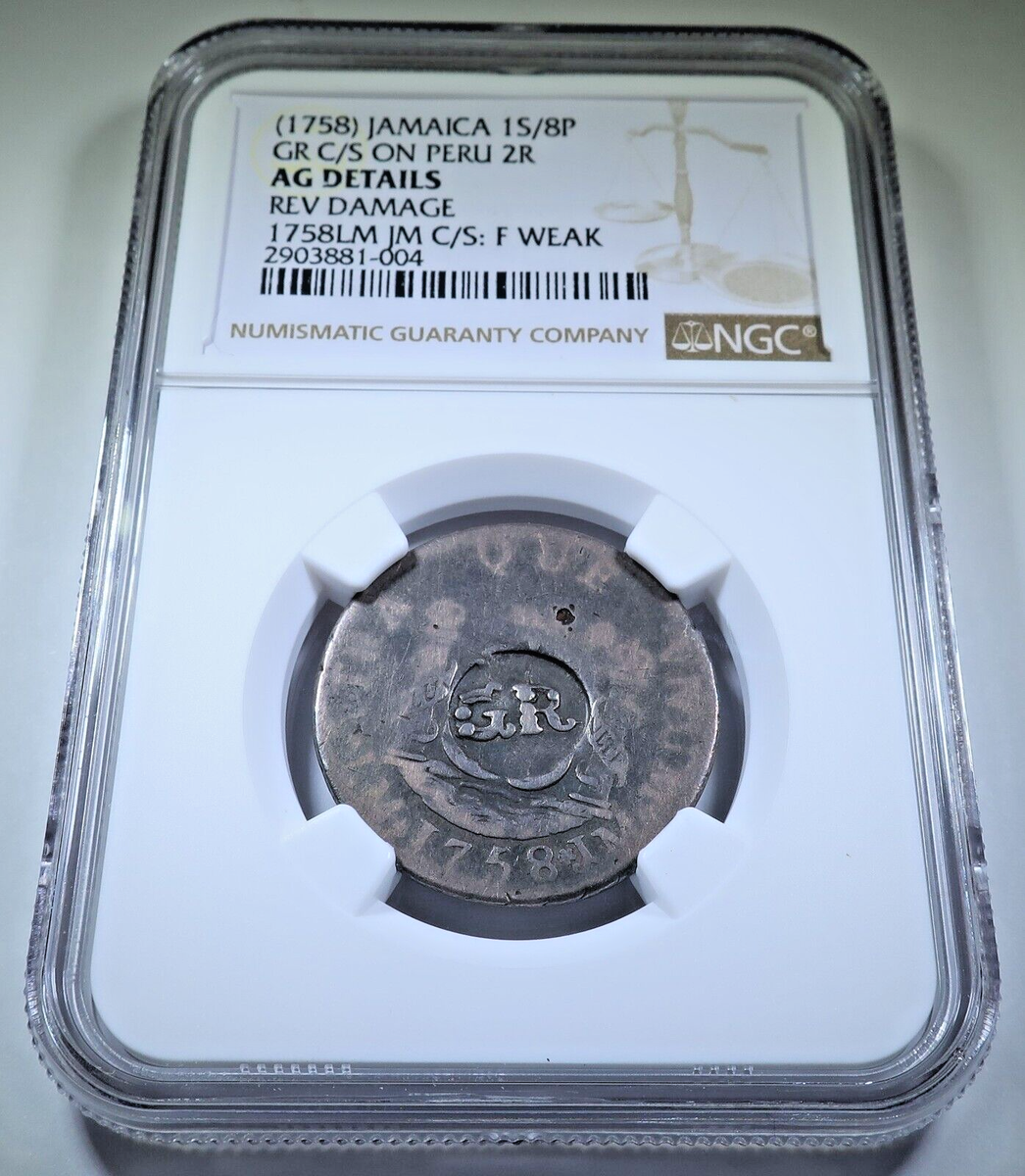 NGC 1758 Jamaica 1S/8P Countermark Spanish Peru Silver 2 Reales