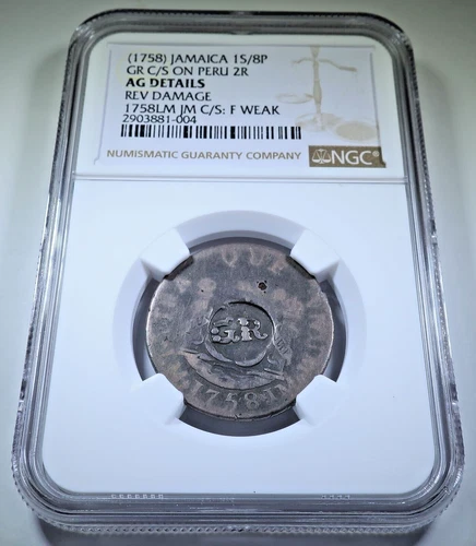 NGC 1758 Jamaica 1S/8P Countermark Spanish Peru Silver 2 Reales Genuine 2R Coin