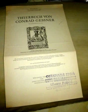 VINTAGE PROSPECTUS ANIMAL BOOK SWITZERLAND CONRAD GESSNER THIERBUCH 1966