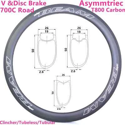Asymmetric Carbon Fiber Road Bike Rims 700C Disc/V Brake Bicycle Wheels 28 32H - Image 1 of 4