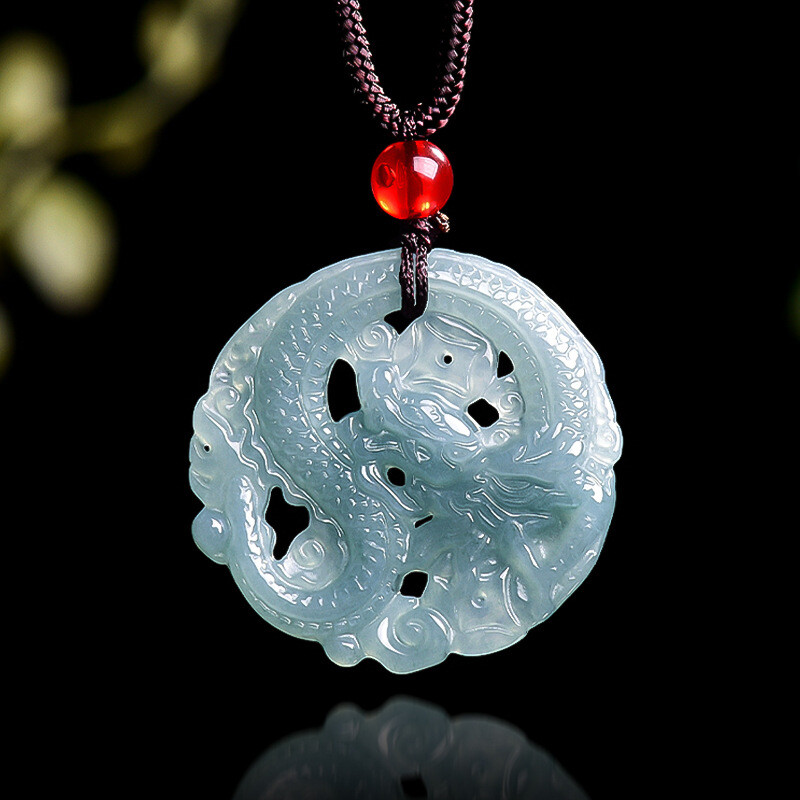 Certified A-Grade Natural Jadeite Blue Water Prosperous Dragon Pendant for Business Success  