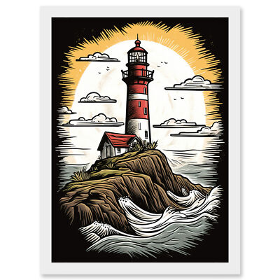 Leuchtturm auf Klippe Old School USA Tattoo Americana 50er gerahmter Wandbilddruck A4
