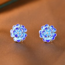 L05 Earrings Blue Flower Sterling Silver 925 Enamel Ear Studs