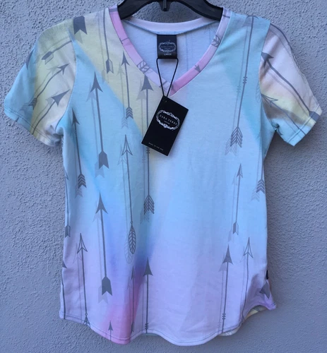 $52 NWT Zara Terez Multicolor Pastel Arrow V Neck Short Sleeve Top Girls Size L