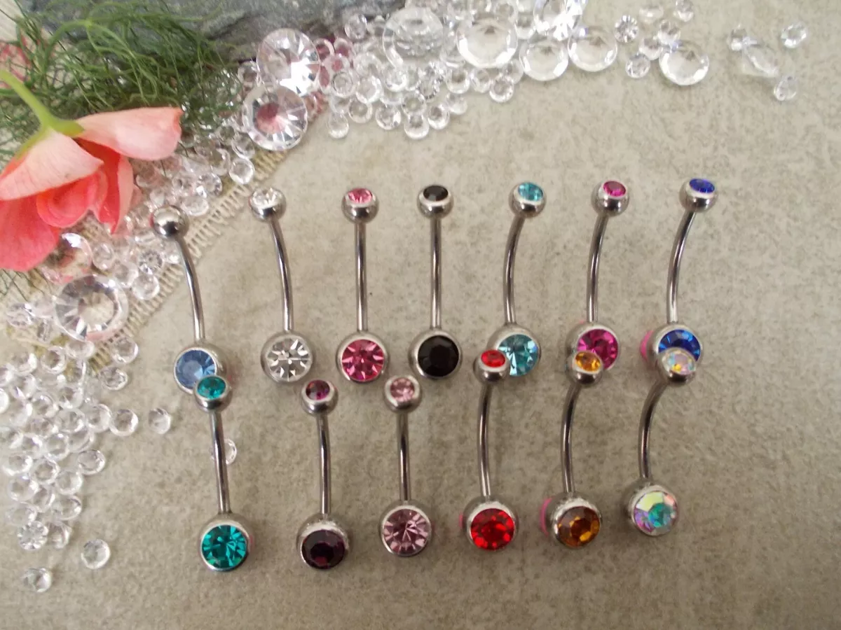 1X PLUS SIZE EXTRA LONG LENGTH DOUBLE CRYSTAL BELLY BAR 14mm 16mm 18mm 22mm 25mm