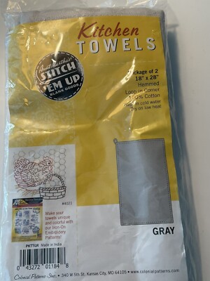 Aunt Martha s Stitch  Em Up Kitchen Towels 2-Pkg Gray NEW
