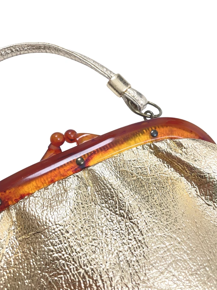 Винтажный текстурированный золотой сумочки 1960-х маленький верхняя ручка нарядная сумка металлический Дамская сумка - Изображение 3 из 4