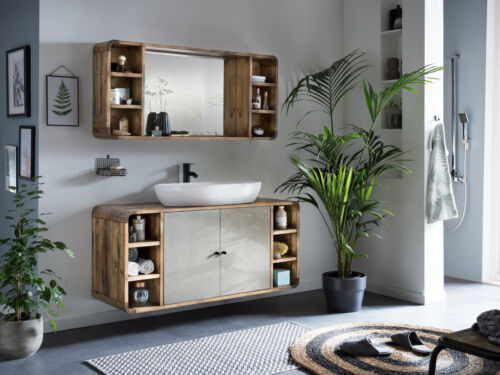Bad Waschtisch Dingle massiv Holz rec. Pinie Betonoptik grau Badmöbel Badschrank - Bild 8 von 8