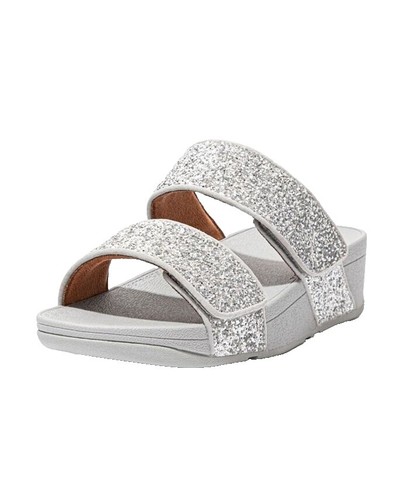 FitFlop Loosh Luxe Metallic Silver Plush Slides Size 9 Women's