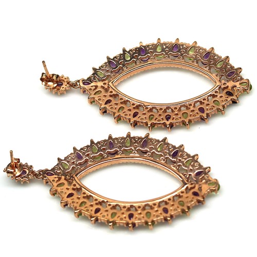 925 Sterling Silver Purple Amethyst, Peridot & Zircon Earrings Rose Gold Coated - Picture 3 of 4