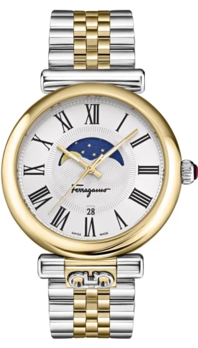 稀少 Ferragamo(フェラガモ) Ora Moonphase Ladies Watch Ferragamo Ora Moonphase Silver Sunray Dial Ladies Quartz