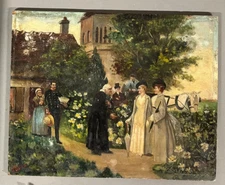 Scène De Genre 19e d'après Henri Brispot huile sur panneau la visite de l'abbé