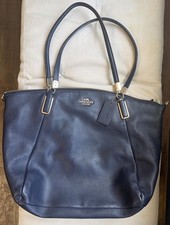 Coach City Tote Navy Blue Pebbled Leather Zip Top Shoulder Bag Large Authentic