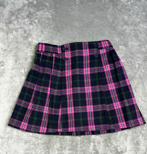 Mini Boden Plaid Wool Skirt Faux Wrap Pink Navy Sz 11-2 Y Pleated Lined Elastic