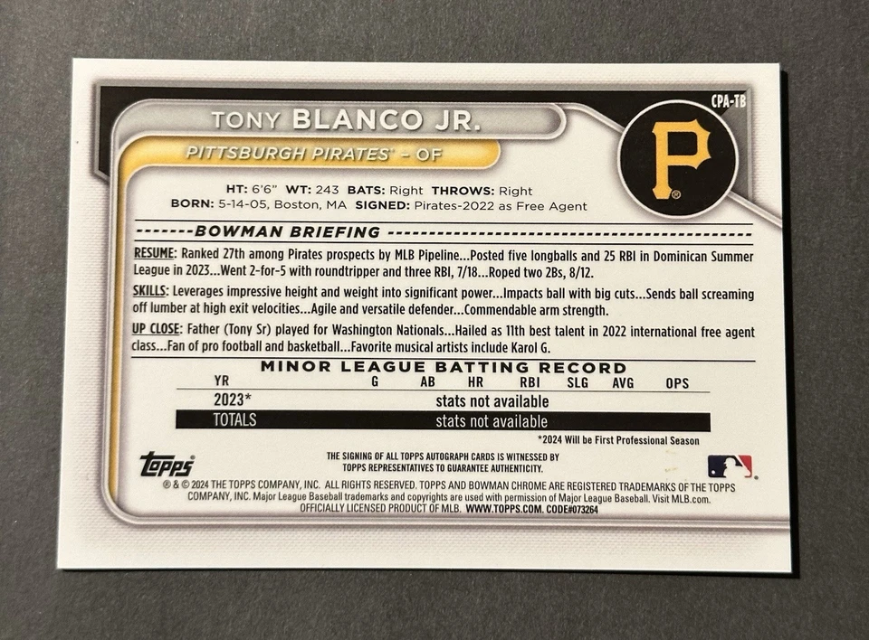 2024 TOPPS CHROME PROSPECT AUTO TRUE GOLD REFRACTOR /50 TONY BLANCO JR. PIRATES - Image 2 of 2