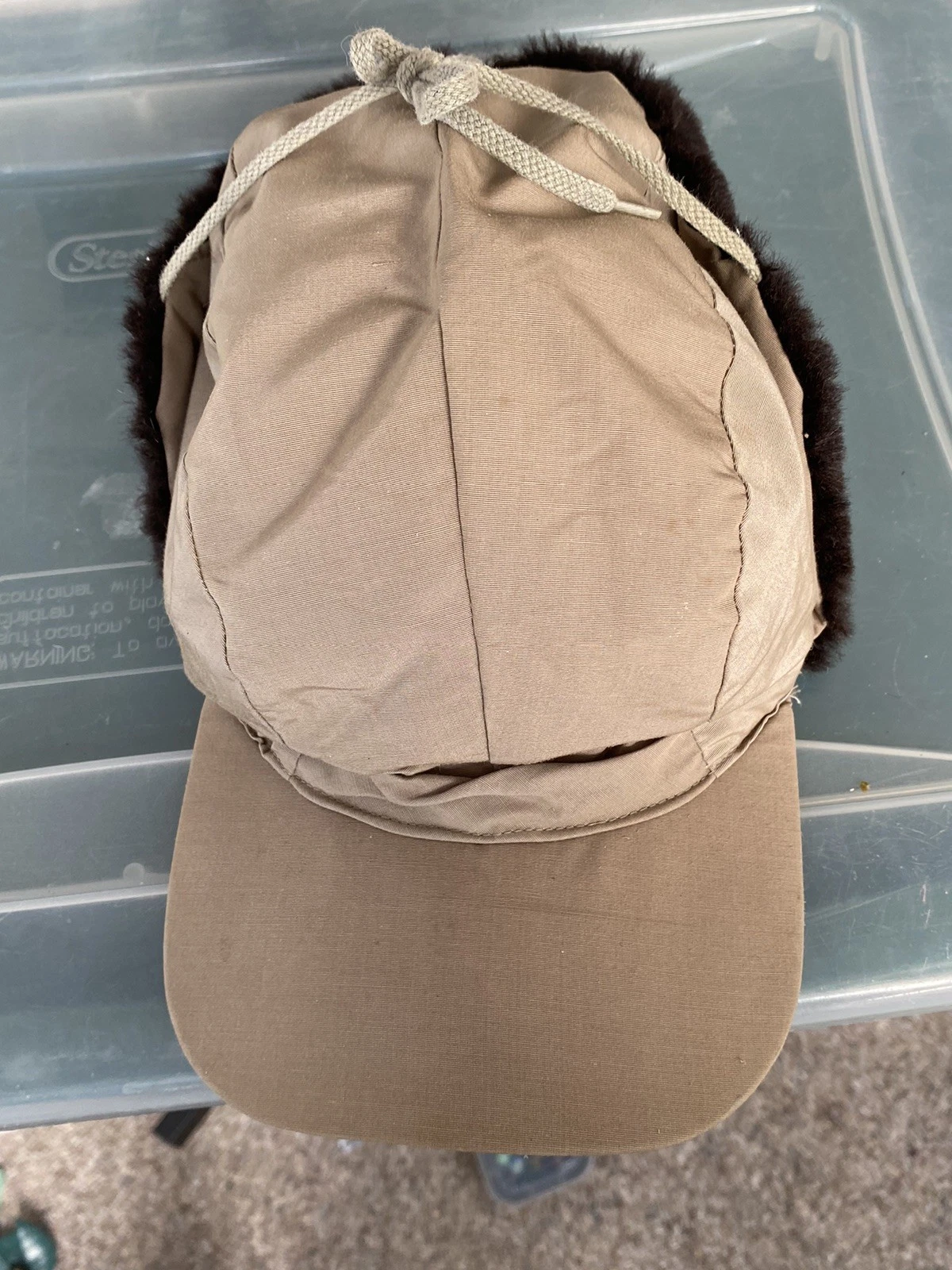 VTG Eddie Bauer Hat Beige Goose Down Fleece Lined Trapper Hunting Cap Large