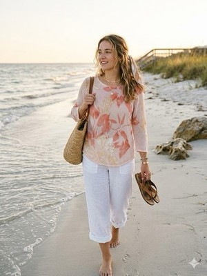 Chico's Women's Floral Open-Knit Lightweight Scoop Neck Pullover Coastal Core M