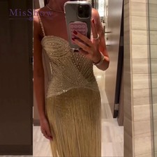 Gold Fringe Evening Dresses Elegant Beaded Spaghetti Strap Gown Wmen Prom Party