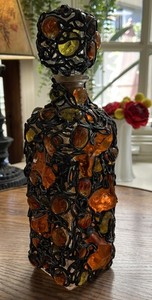 Handmade Upcycled Art Glass Bottle - Mosaic Gem & Wire Decor - One Of A Kind