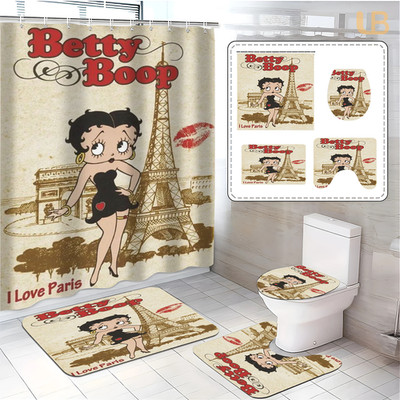 4Pcs Vintage Paris Cartoon Girl Bath Set Eiffel Tower Shower Curtain Rugs Toilet