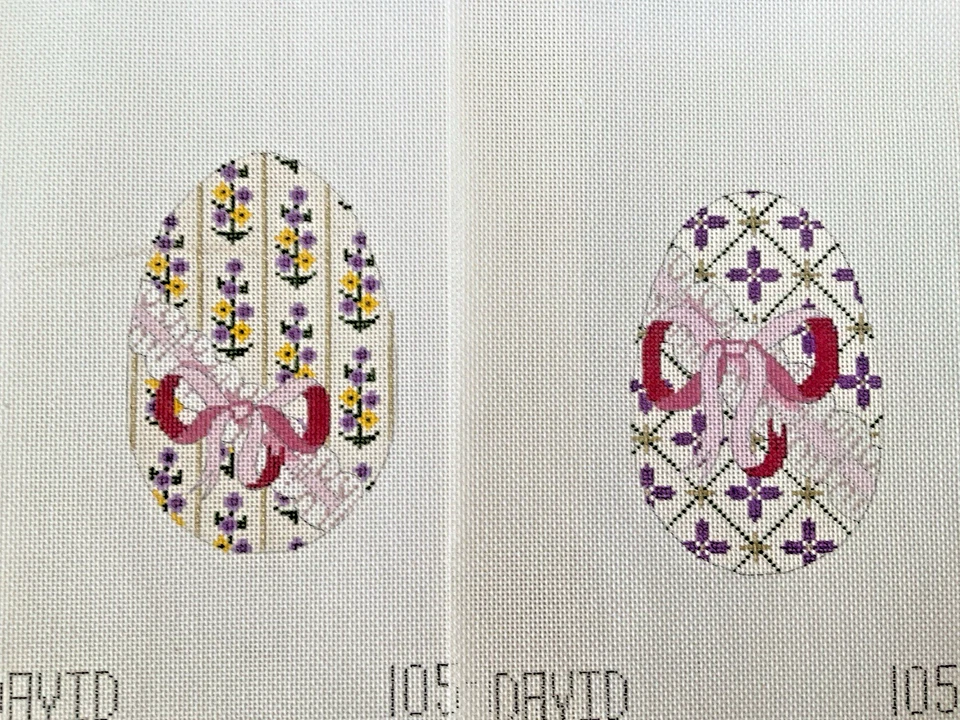 David Needlepoint Hand Stitch Painted Canvases Easter Eggs Lot of 2 Floral Bows - Image 2 of 4